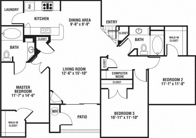 Floor plan for 3 beds, 2 baths, 1300 sqft